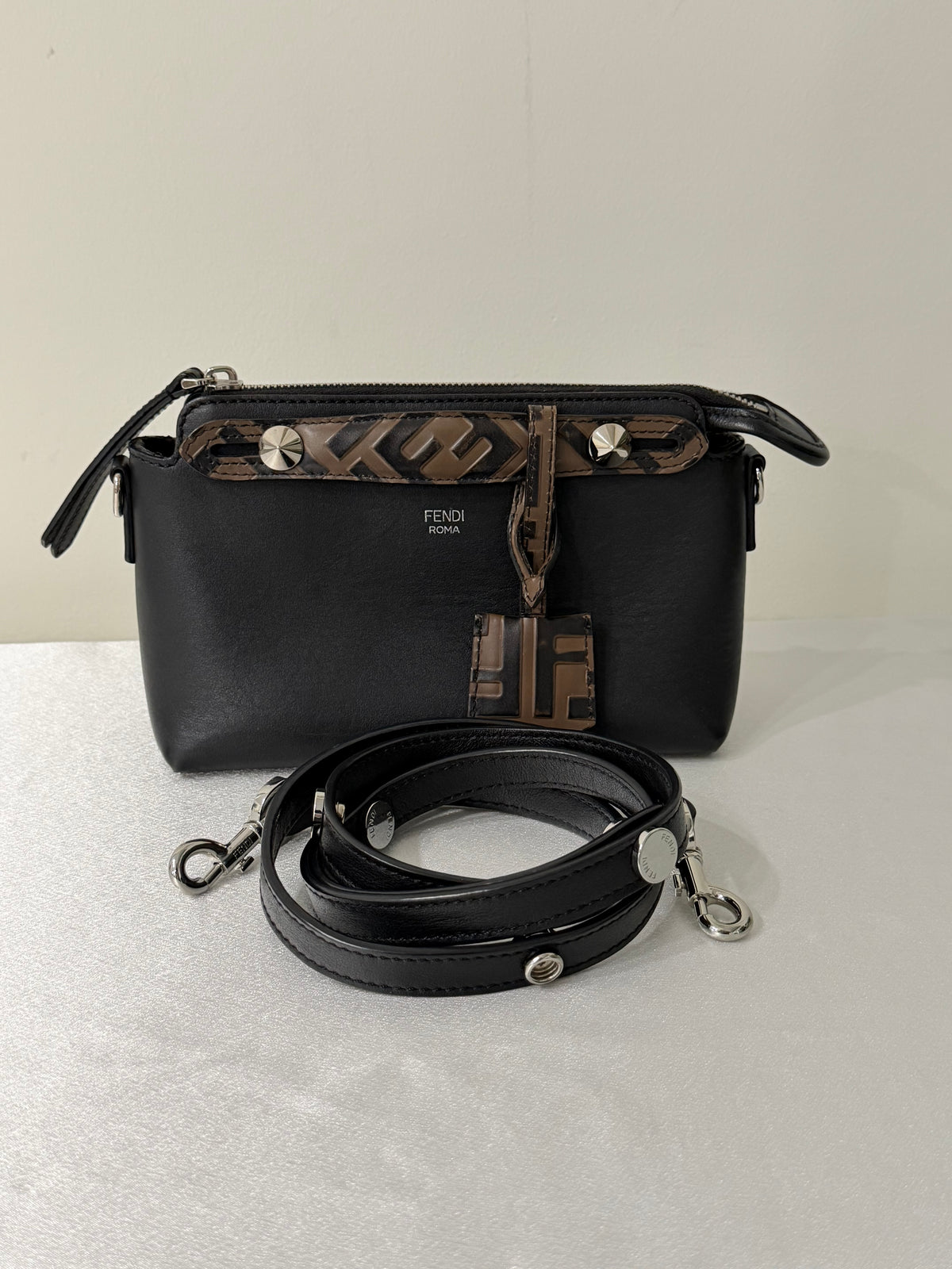 FENDI Zucca By The Way Leather 2Way Shoulder Bag Black Brown