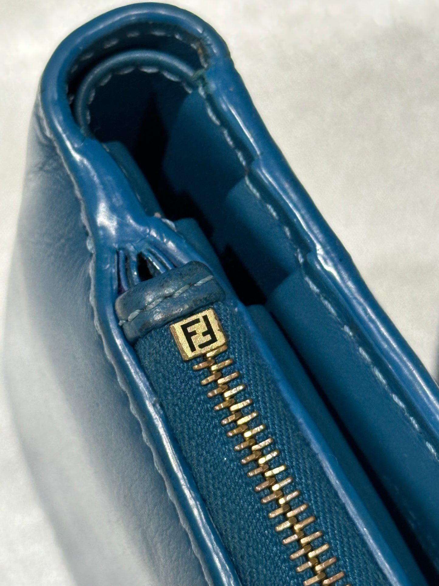 SOLD-Fendi FF Cube Bi-fold Compact wallet Blue leather