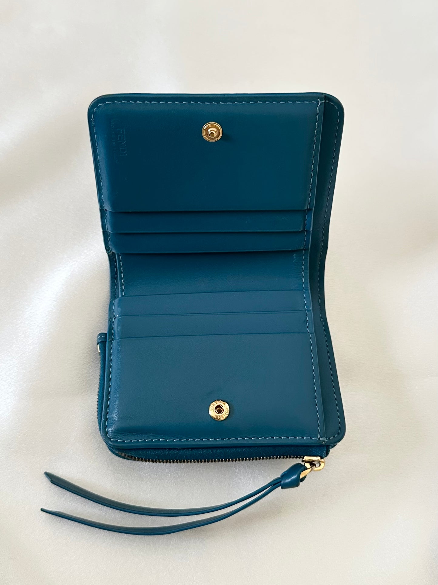 SOLD-Fendi FF Cube Bi-fold Compact wallet Blue leather