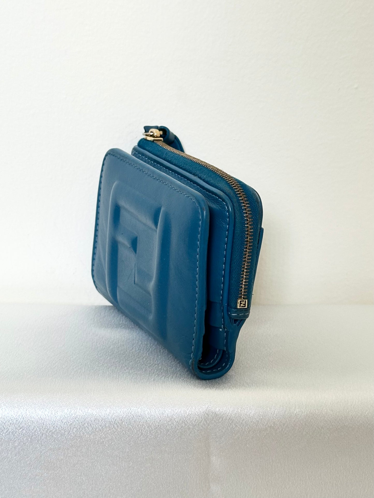 SOLD-Fendi FF Cube Bi-fold Compact wallet Blue leather