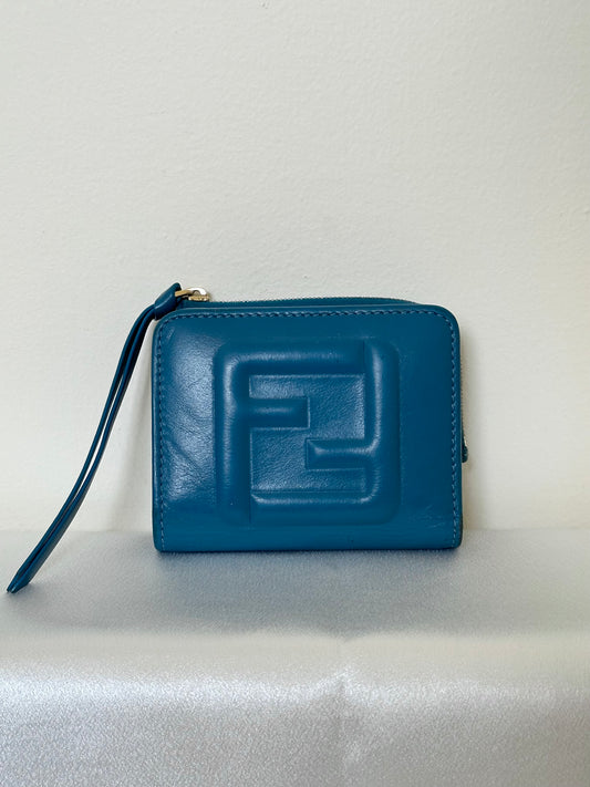 SOLD-Fendi FF Cube Bi-fold Compact wallet Blue leather